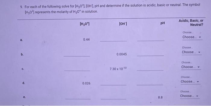 9 For Each Of The Following Solve For H30 1 Oh L Ph And Determine If The Solution Is Acidic Basic Or Neutral The S 1