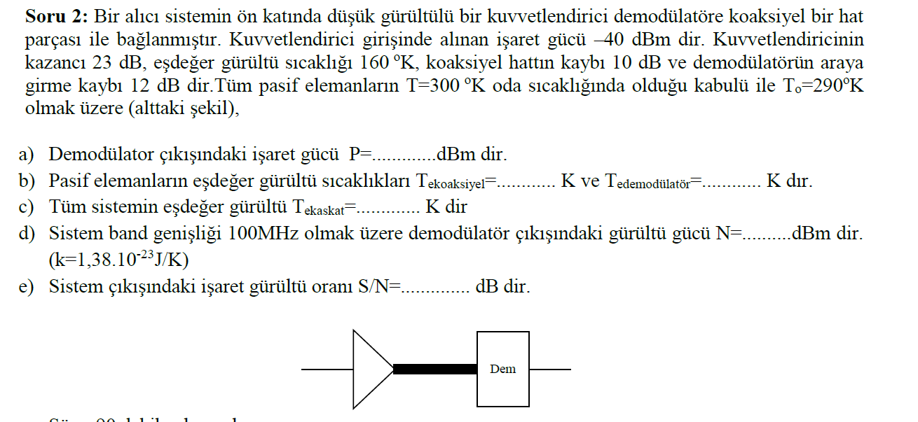 Soru 2 Bir Alici Sistemin On Katinda Dusuk Gurultulu Bir Kuvvetlendirici Demodulatore Koaksiyel Bir Hat Parcasi Ile Bag 1