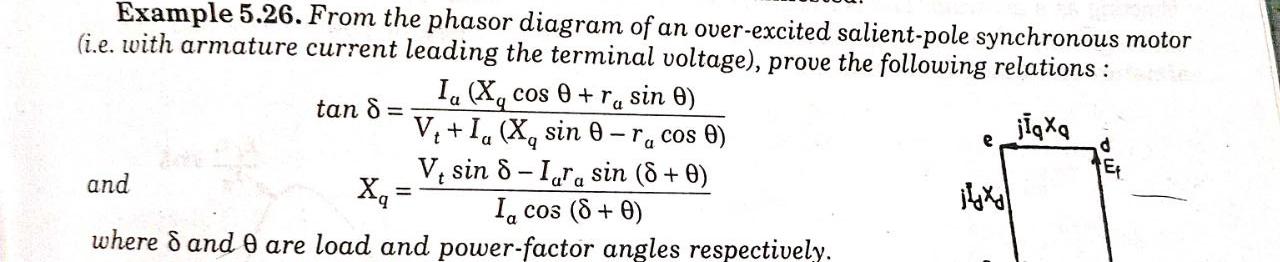 Example 5 26 From The Phasor Diagram Of An Over Excited Salient Pole Synchronous Motor I E With Armature Current Lead 1