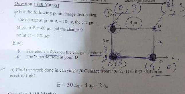 Question I 10 Marks 1 For The Following Point Charge Distribution The Charge At Point A 10 Uc The Charge At Point 1