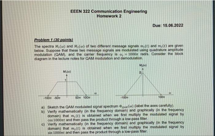 Eeen 322 Communication Engineering Homework 2 Due 15 06 2022 Problem 1 30 Points The Spectra M W And M W Of Two 1