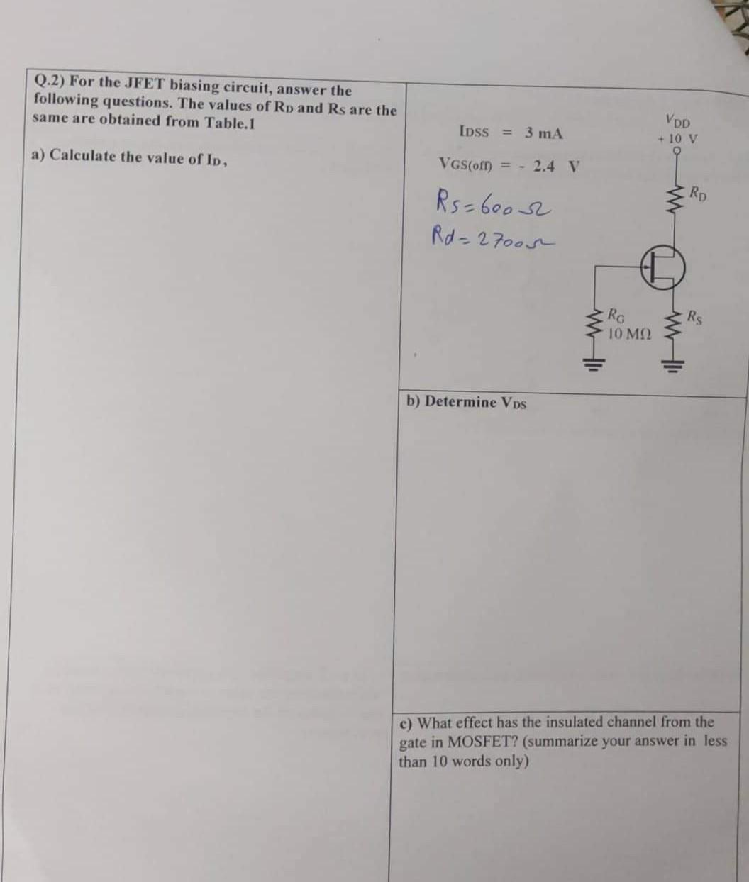 Q 2 For The Jfet Biasing Circuit Answer The Following Questions The Values Of Rd And Rs Are The Same Are Obtained Fro 1