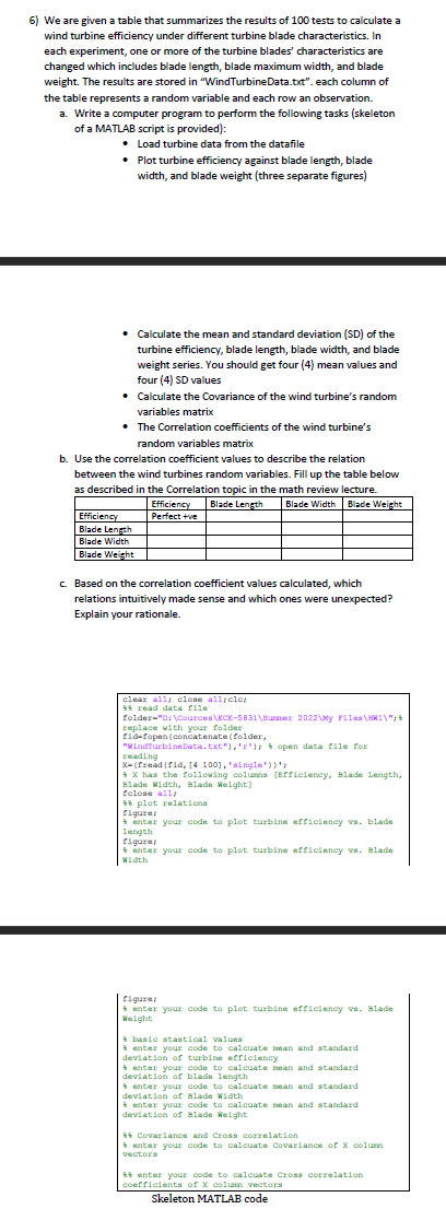 6 We Are Given A Table That Summarizes The Results Of 100 Tests To Calculate A Wind Turbine Efficiency Under Different 1