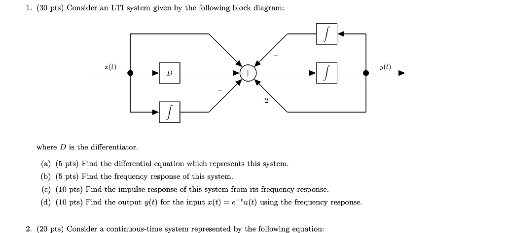 1 30 Pts Consider An Lti System Given By The Following Block Diagram X T Y T D Where D Is The Differentiator A 1