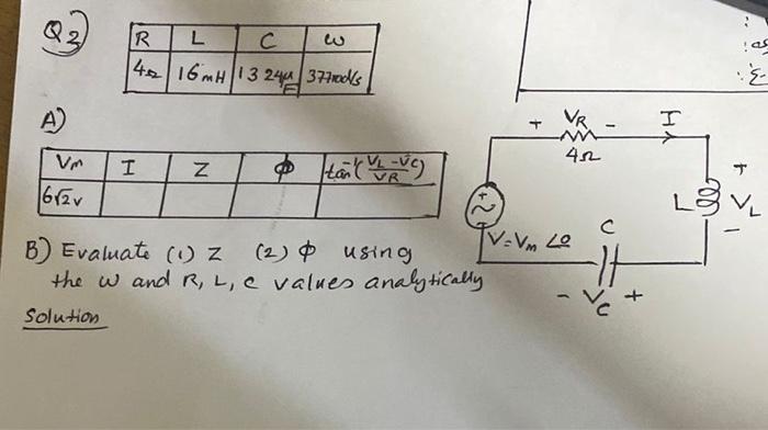 Q2 A R L C 42 16mh 13 244 377d S E Vm I Z Tan Vvc Vr 6 2v B Evaluate 1 Z 2 Using The W And R L E Values Analyt 1
