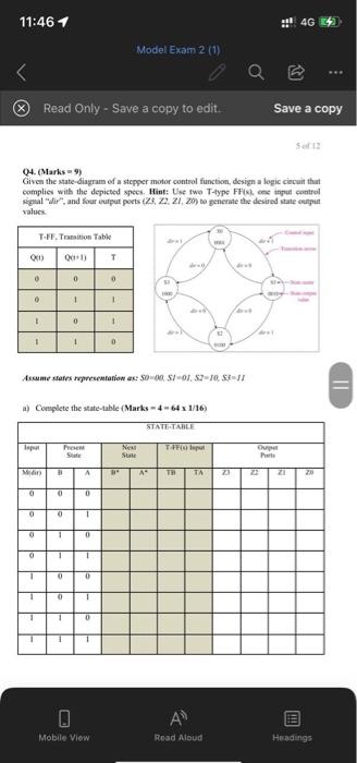 11 46 1 4g Model Exam 2 1 Read Only Save A Copy To Edit Save A Copy Sof 12 Q4 Marks 9 Given The State Diagram 1