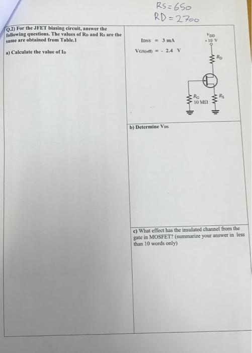 Q 2 For The Jfet Biasing Circuit Answer The Following Questions The Values Of Rp And Rs Are The Same Are Obtained Fro 1