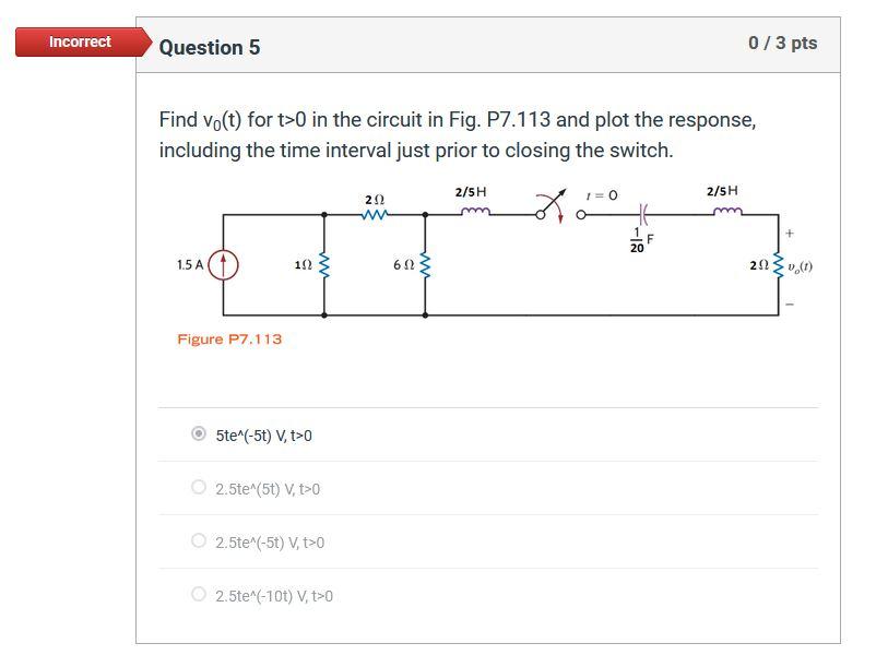 Incorrect Question 5 Find Vo T For T 0 In The Circuit In Fig P7 113 And Plot The Response Including The Time Interval 1
