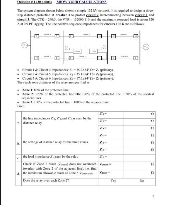 Question 1 20 Points Show Your Calculations The System Diagram Shown Below Shows A Simple 132 Kv Network It Is Requ 1