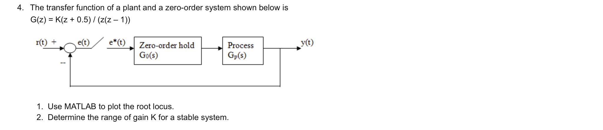 4 The Transfer Function Of A Plant And A Zero Order System Shown Below Is G Z K Z 0 5 Z Z 1 R T E T E T 1