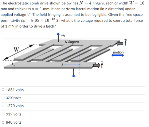 The Electrostatic Comb Drive Shown Below Has N 4 Fingers Each Of Width W 10 Mm And Thickness S 1 Mm It Can Perfo 1