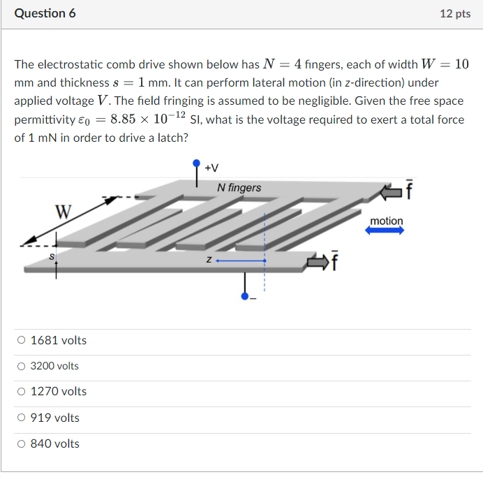 Question 6 12 Pts The Electrostatic Comb Drive Shown Below Has N 4 Fingers Each Of Width W 10 Mm And Thickness S 1