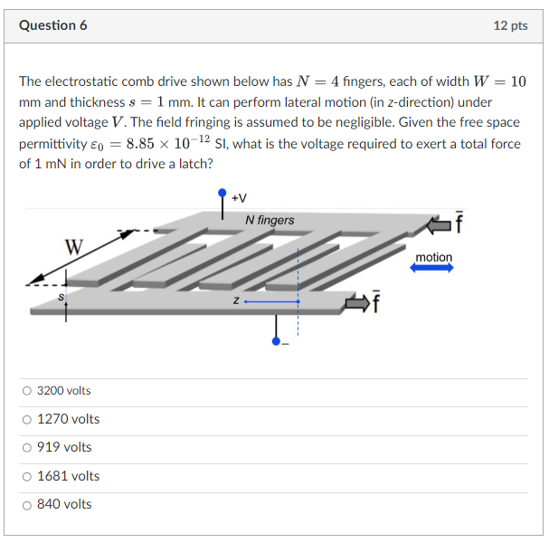 Question 6 12 Pts The Electrostatic Comb Drive Shown Below Has N 4 Fingers Each Of Width W 10 Mm And Thickness S 1