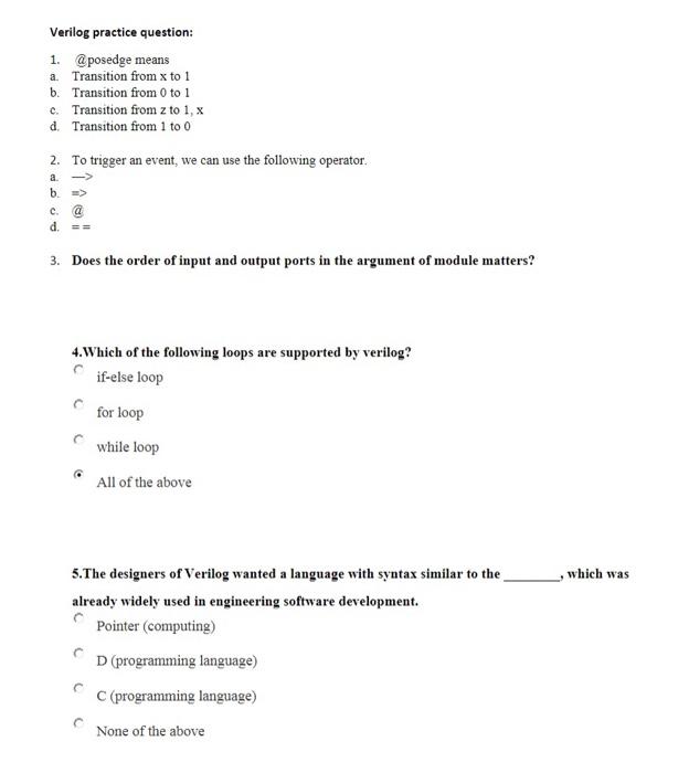 Verilog Practice Question 1 Posedge Means A Transition From X To 1 B Transition From 0 To 1 C Transition From Z To 1