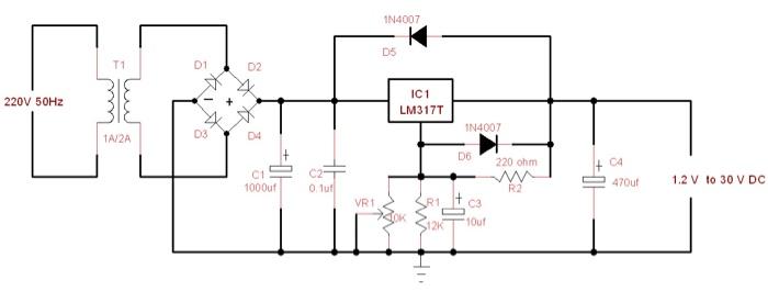 220v 50hz T1 1a 2a D1 D3 D2 D4 C1 1000uf 0 1uf Vr1 1n4007 D5 Ic 1 Lm317t R1 12k In4007 D6 01 C3 10uf 220 Ohm R2 C4 470uf 1