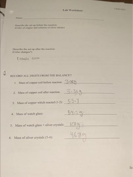 Lab Worksheet Name Describe The Set Up Before The Reaction Color Of Copper And Solution Of Silver Nitrate Describe The 1