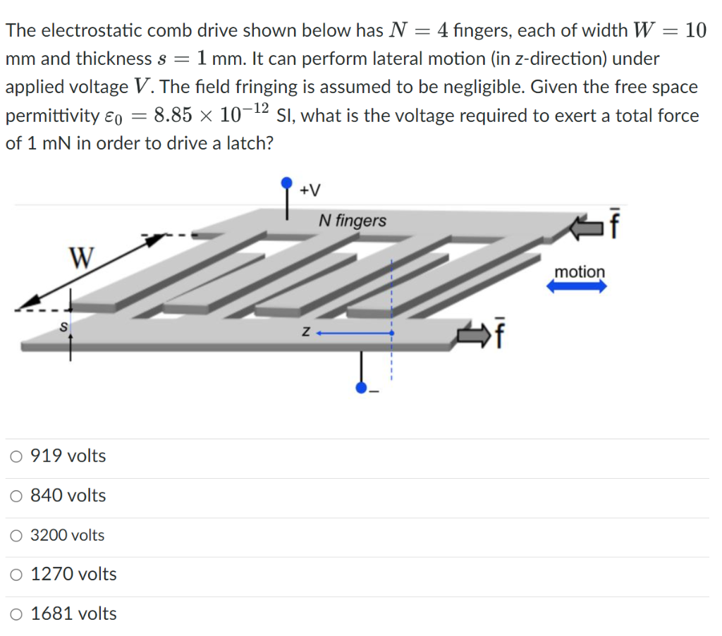 The Electrostatic Comb Drive Shown Below Has N 4 Fingers Each Of Width W 10 Mm And Thickness S 1 Mm It Can Perfo 1