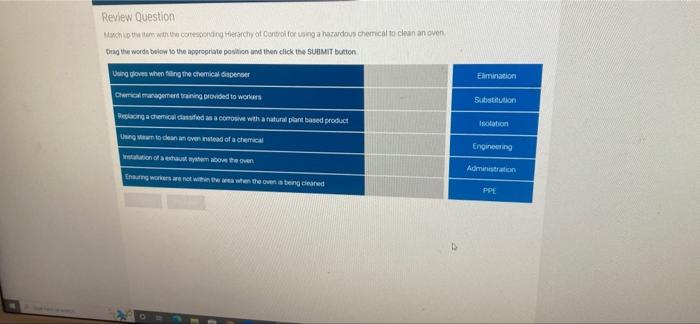 Review Question Match Up The Item With The Comesponding Hierarchy Of Control For Using A Hazardous Chemical To Clean An 1