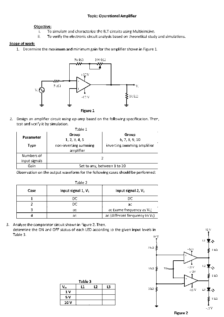 Topic Operational Amplifier Objective I To Simulate And Characterize The B T Circuits Using Multisimlive Ii To Veri 1