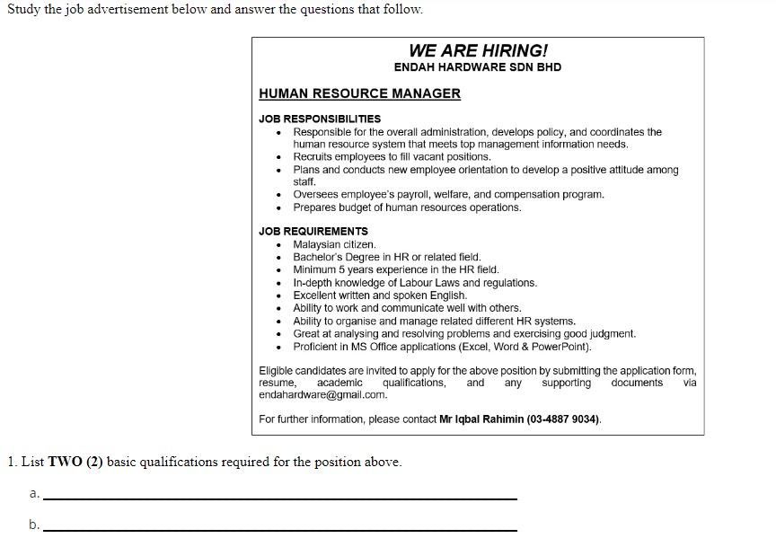 Study The Job Advertisement Below And Answer The Questions That Follow We Are Hiring Endah Hardware Sdn Bhd Human Reso 1