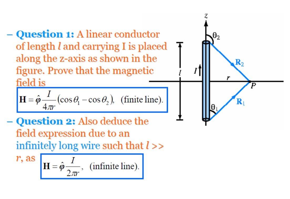 Question 1 A Linear Conductor Of Length 1 And Carrying I Is Placed Along The Z Axis As Shown In The Figure Prove Tha 1