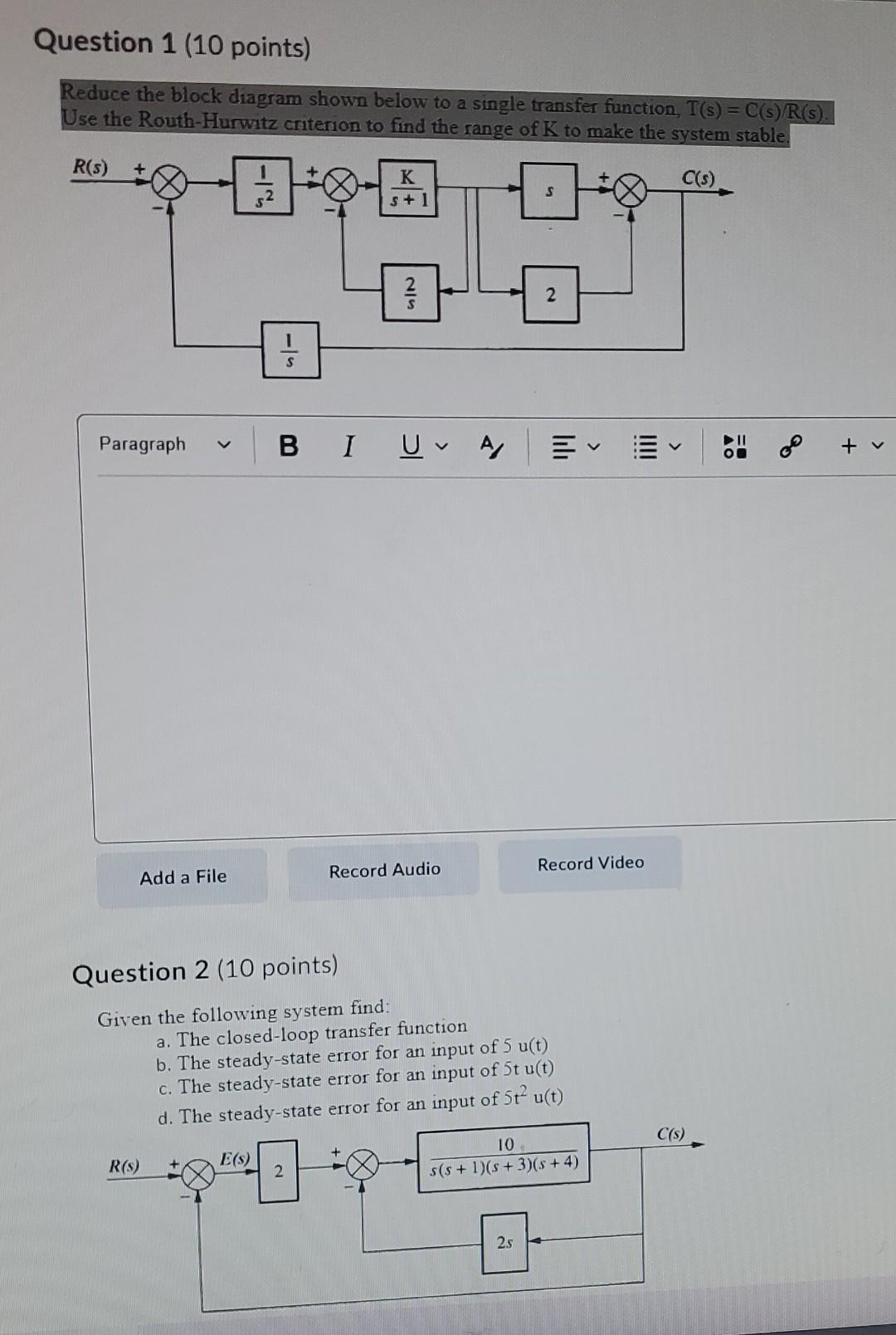 Question 1 10 Points Reduce The Block Diagram Shown Below To A Single Transfer Function T S C S R S Use The Rou 1