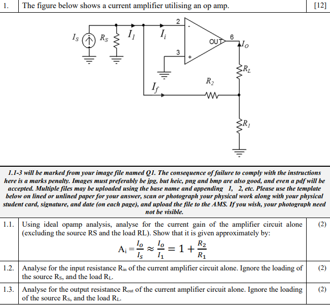 12 The Figure Below Shows A Current Amplifier Utilising An Op Amp 2 Is Rs 1 I Out R Ww 1 1 3 Will Be Marked From Y 1