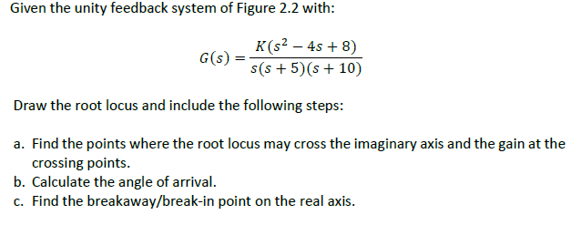 Given The Unity Feedback System Of Figure 2 2 With G S K S 4s 8 S S 5 S 10 Draw The Root Locus And Include T 1