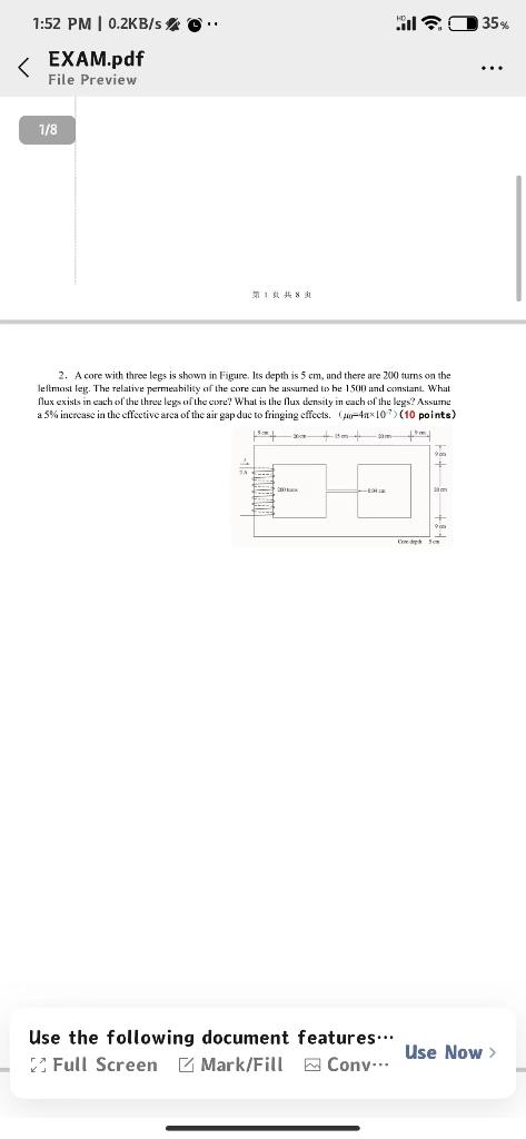 1 52 Pm 0 2kb S Exam Pdf File Preview 1 8 189 2 A Core With Three Legs Is Shown In Figure Its Depth Is 5 Cm And 1