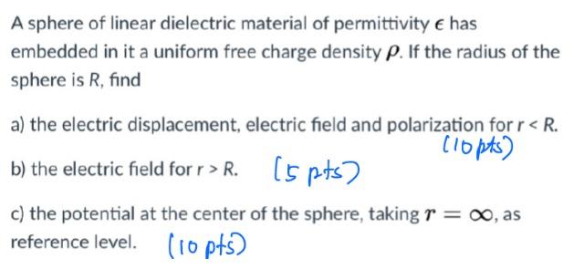 A Sphere Of Linear Dielectric Material Of Permittivity Has Embedded In It A Uniform Free Charge Density P If The Radi 1