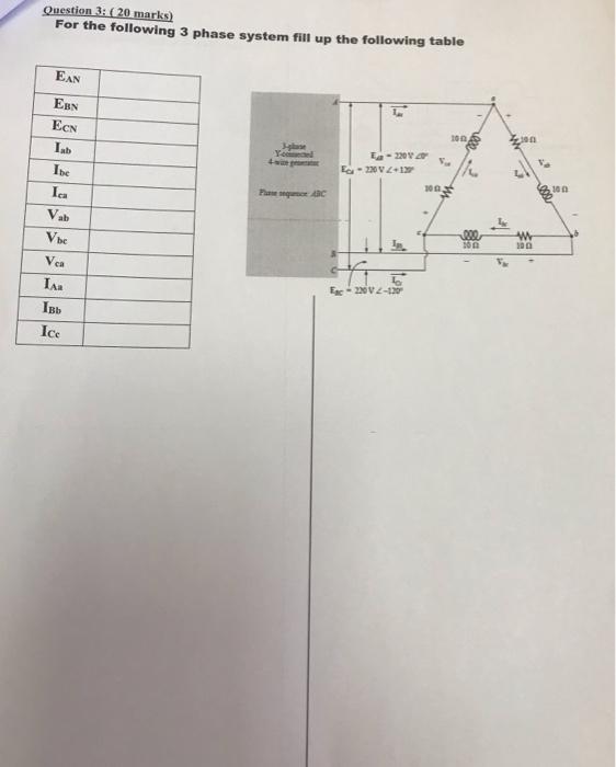 Question 3 20 Marks For The Following 3 Phase System Fill Up The Following Table Ean Ebn 103 Ecn 3 Glase Ycomed Lab 1