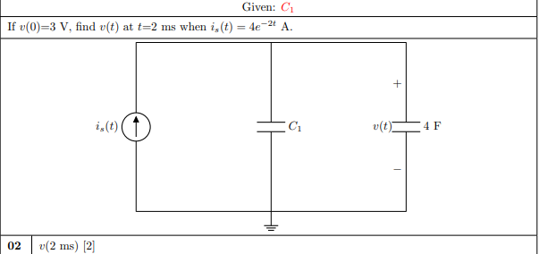 Given C If V 0 3 V Find V T At T 2 Ms When I T 4e 2t A Is T C 02 V 2 Ms 2 4 F 1
