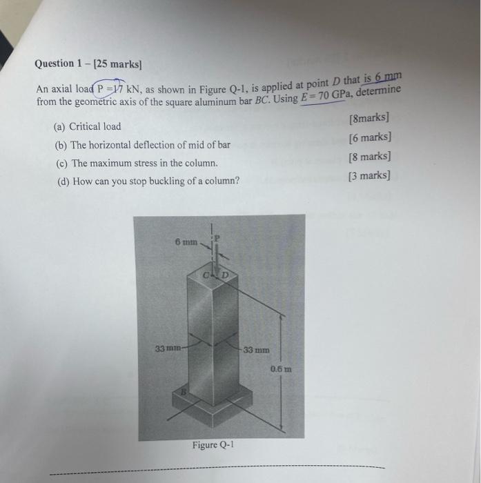 Question 1 25 Marks An Axial Load P 17 Kn As Shown In Figure Q 1 Is Applied At Point D That Is 6 Mm From The Geomet 2