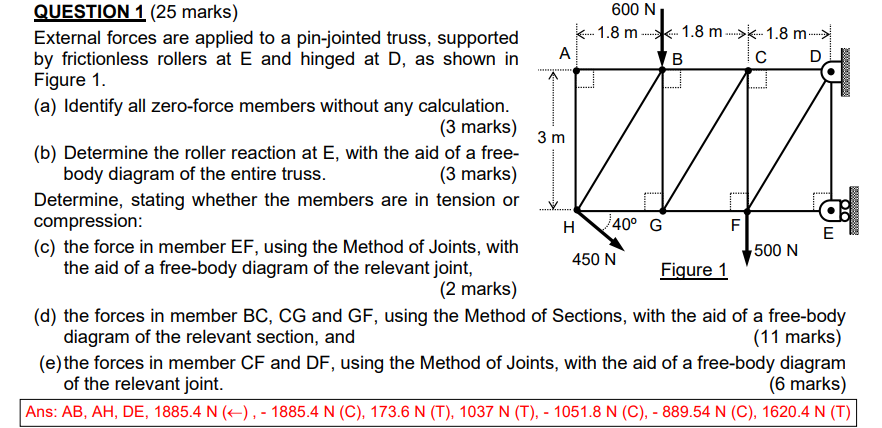 600 N A 3 M Question 1 25 Marks 1 8 M 1 8 M External Forces Are Applied To A Pin Jointed Truss Supported By Friction 1