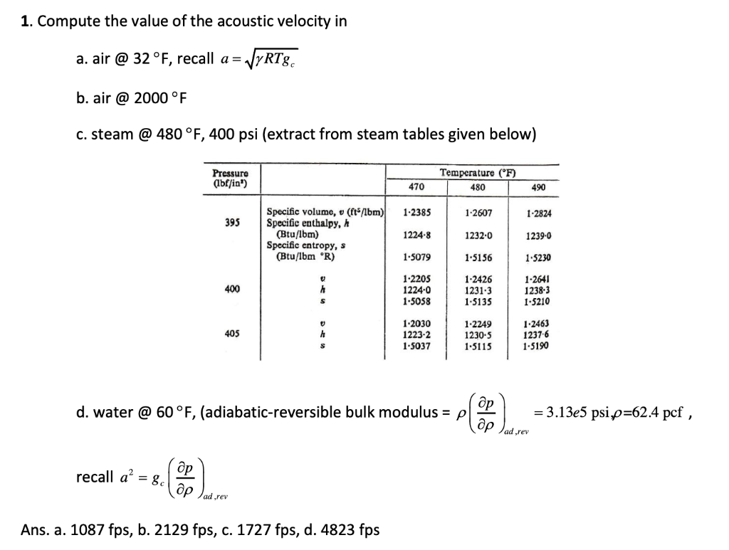 1 Compute The Value Of The Acoustic Velocity In A Air 32 F Recall A Yrts B Air 2000 F C Steam 480 F 40 1