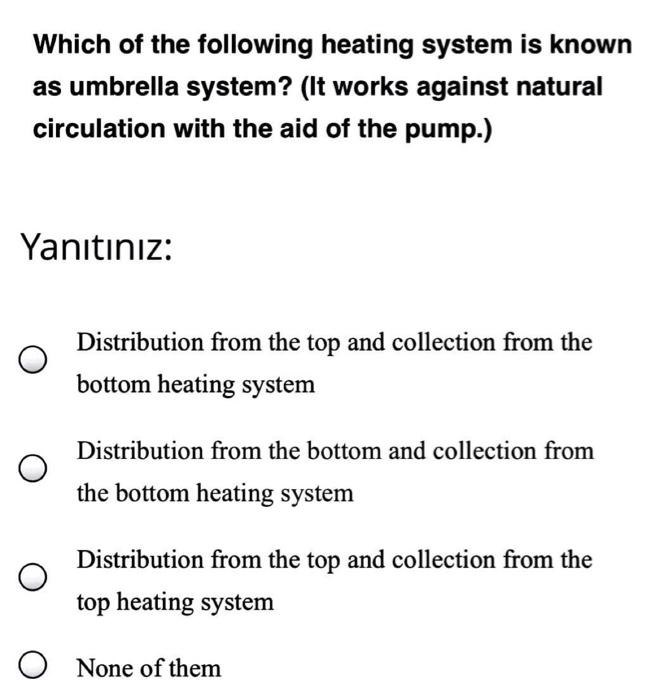 Which Of The Following Heating System Is Known As Umbrella System It Works Against Natural Circulation With The Aid Of 1