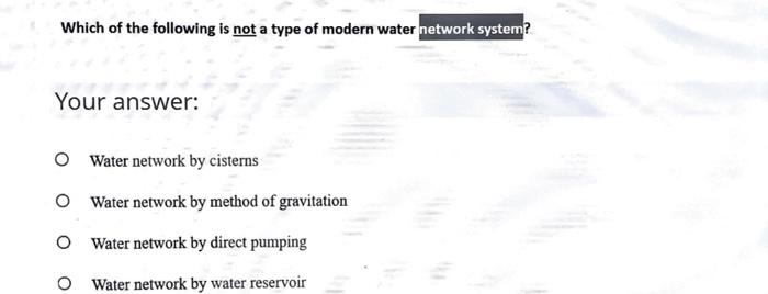 Which Of The Following Is Not A Type Of Modern Water Network System Your Answer O Water Network By Cisterns O Water Ne 1
