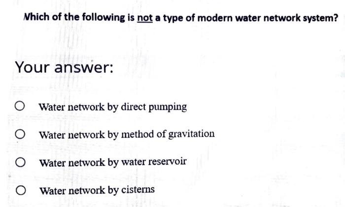 Which Of The Following Is Not A Type Of Modern Water Network System Your Answer O Water Network By Direct Pumping O O 1