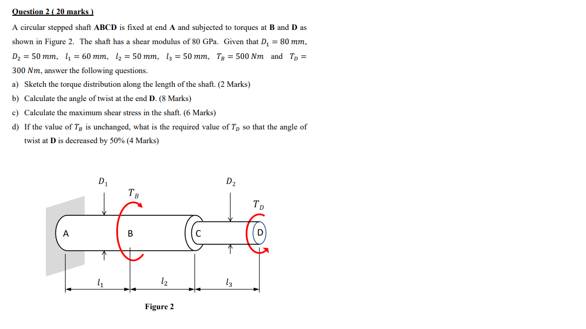 Question 2 20 Marks A Circular Stepped Shaft Abcd Is Fixed At End A And Subjected To Torques At B And D As Shown In Fi 1