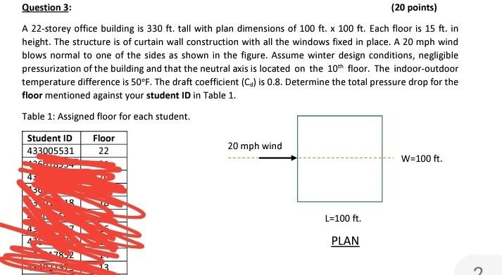 20 Points Question 3 A 22 Storey Office Building Is 330 Ft Tall With Plan Dimensions Of 100 Ft X 100 Ft Each Floor 1