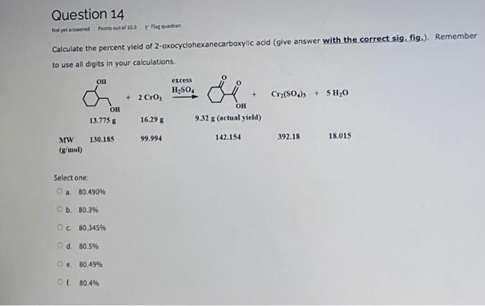 Question 14 Not Yet Red One 10 0p Flag Question Calculate The Percent Yield Of 2 Oxocyclohexanecarboxylic Add Give Answ 1
