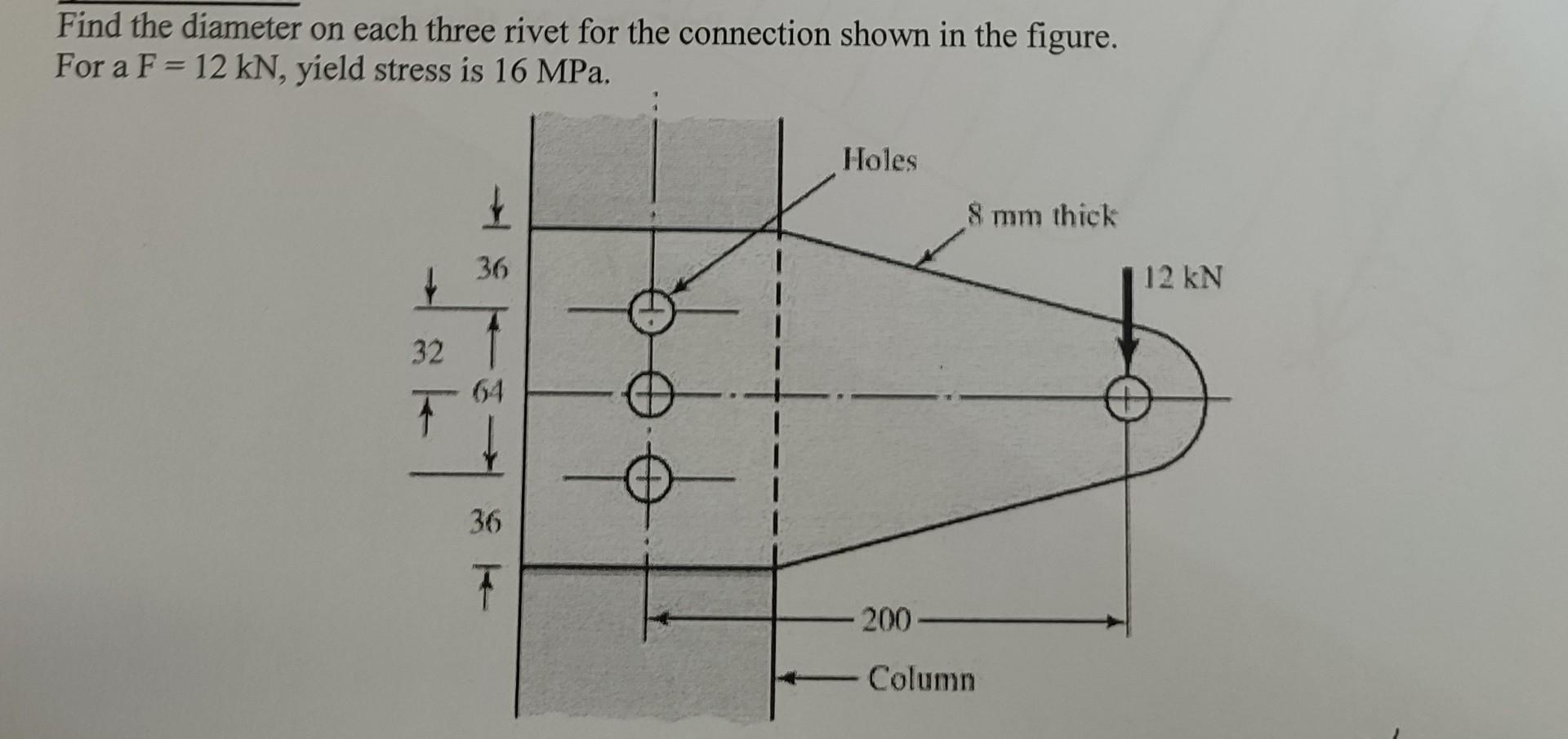 Find The Diameter On Each Three Rivet For The Connection Shown In The Figure For A F 12 Kn Yield Stress Is 16 Mpa H 1