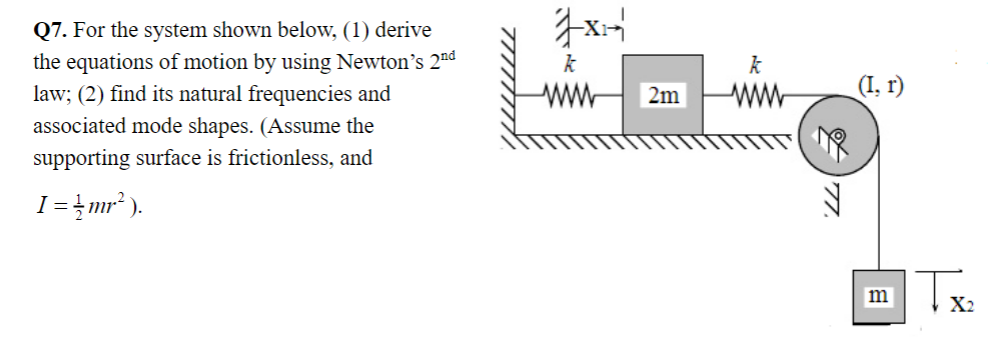 Q7 For The System Shown Below 1 Derive The Equations Of Motion By Using Newton S 2nd Law 2 Find Its Natural Frequ 1