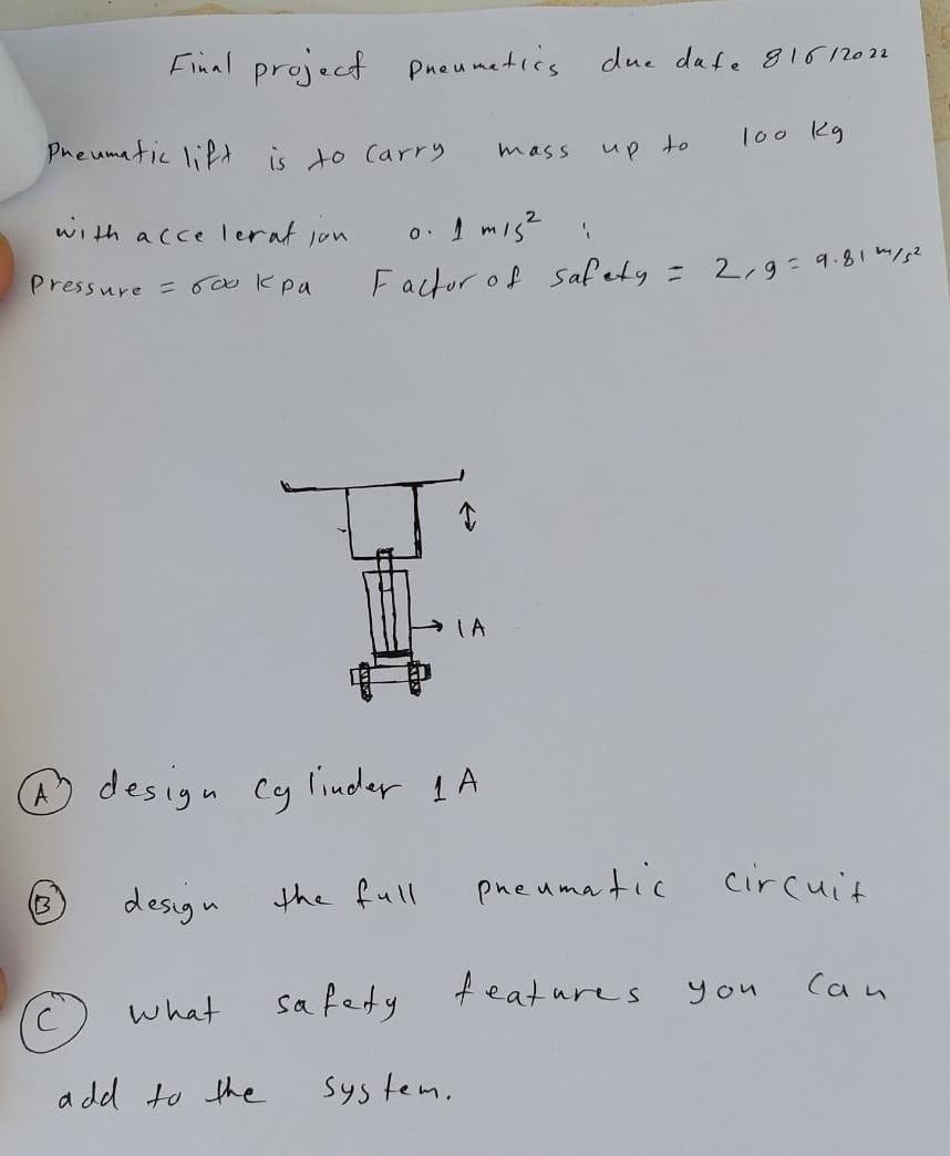 Final Project Pneumatics Due Date 81612022 Pneumatic Lift Is To Carry Mass 100 Kg Up To 2 O 1 M S 1 With Accelerat Jo 1