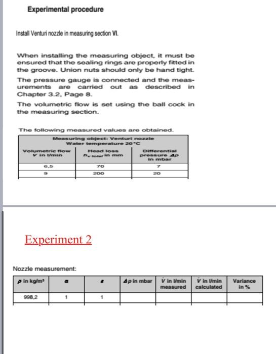 Experimental Procedure Install Venturi Nozzle In Measuring Section Vi When Installing The Measuring Object It Must Be 1