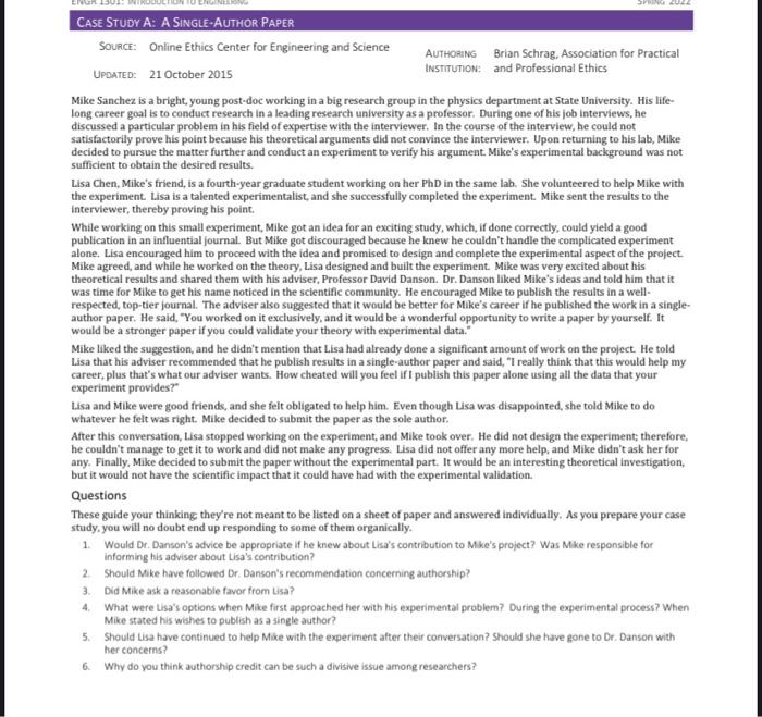Spring 20zz Case Study A A Single Author Paper Source Online Ethics Center For Engineering And Science Authoring Insti 1