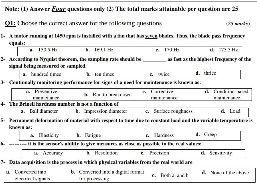 Note 1 Answer Four Questions Only 2 The Total Marks Attainable Per Question Are 25 01 Choose The Correct Answer Fo 1