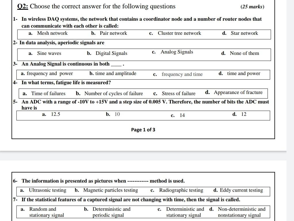 Q2 Choose The Correct Answer For The Following Questions 25 Marks 1 In Wireless Daq Systems The Network That Contai 1