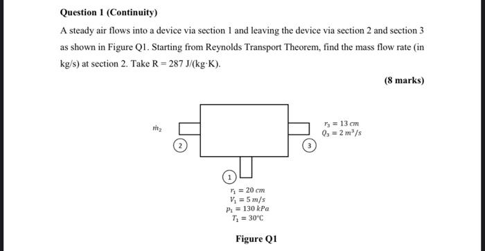 Question 1 Continuity A Steady Air Flows Into A Device Via Section 1 And Leaving The Device Via Section 2 And Section 1