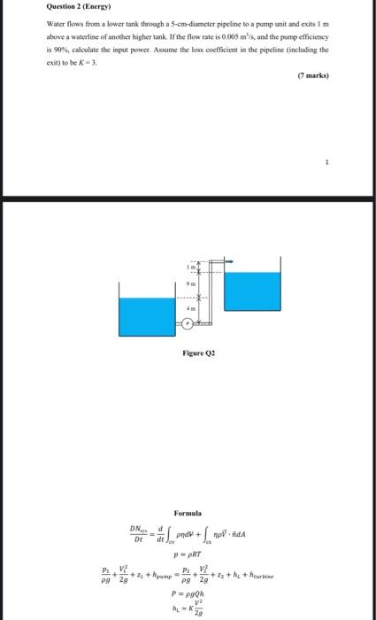 Question 2 Energy Water Flows From A Lower Tank Through A 5 Cm Diameter Pipeline To A Pump Unit And Exits I M Above A 1